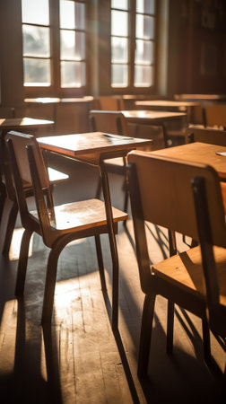 Close up of an empty old wooden school classroom style chair in a dark room dirty roomの素材