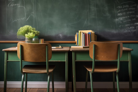 Empty interior of classic school classroom with green Chalk board on the Wallの素材