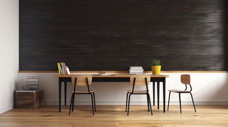 School empty classroom or lecture room interior with desks chair iron wooden whiteboard for studyingの素材