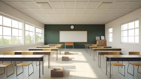 school classroom with furniture empty no people class room interior flat horizontalの素材