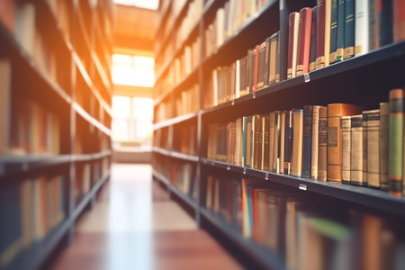 Abstract blurred empty college library interior space. Blurry classroom with bookshelves by defocuseの素材