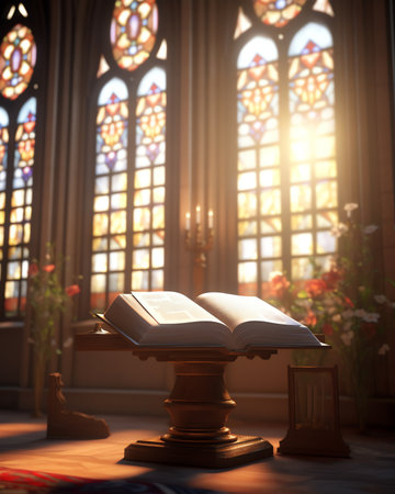 Empty chapel with open Bibleの素材