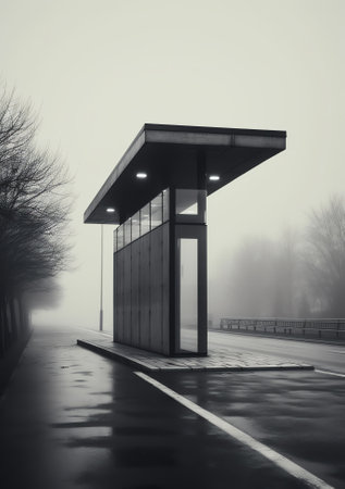 Empty bus stop with glass shelter and road signsの素材