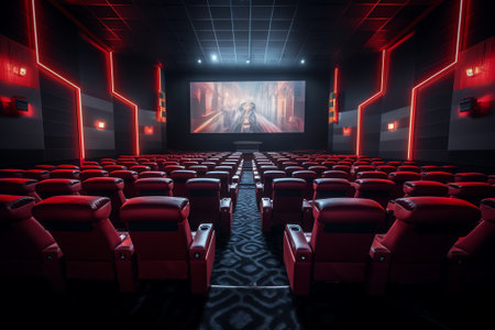 Cinema screen with open curtain and red seats - 3dの素材
