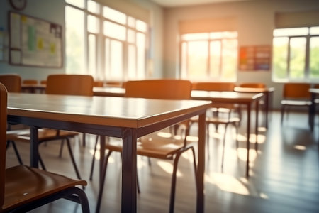 Empty university classroom with many wooden chairs. Wooden chairs well arranged in college classroomの素材