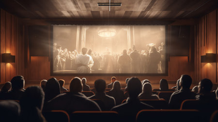 People in the cinema auditorium with empty white screen.の素材