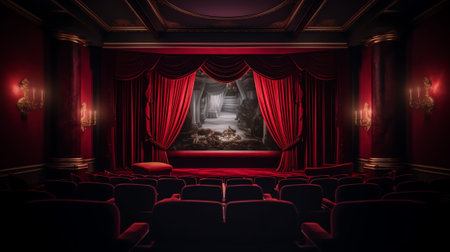 Cinema screen with open curtain and red seats - 3dの素材