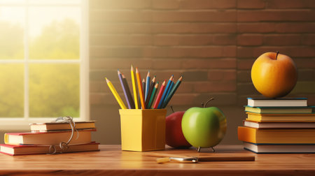 Cartoon style school elements - book, pen, pencils and red apple on desk in empty classroom. 3D rendの素材