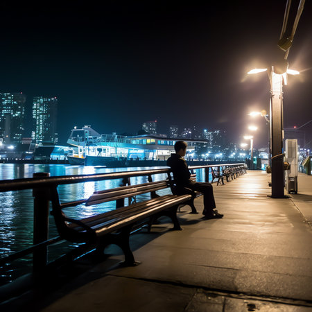 empty brick platform with Hong Kong skyline in background at night.の素材