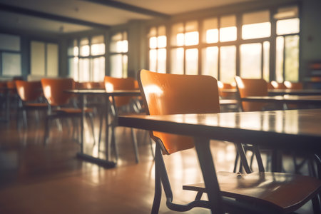 School classroom in blur background without young student; Blurry view of elementary class room no kの素材