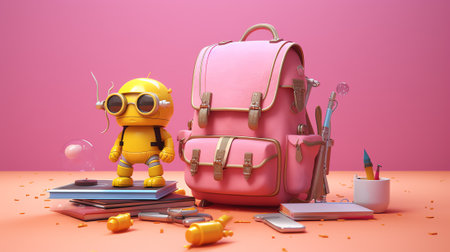 Pink girly school bag and pencil case on a desk in an empty classroom. First day of school concept.の素材