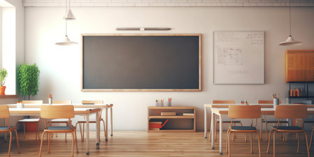 Lecture room or School empty classroom with desks and chair iron wood for studying lessons in high sの素材