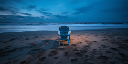 Empty chairs on sandy beach at sunrise or sunset - relaxation conceptの素材