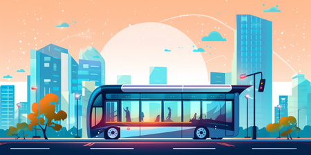 Background of bus stop with skyscrapers behind.の素材