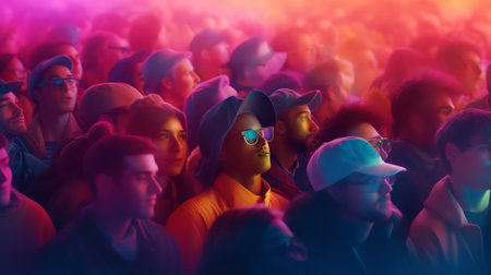 Crowd audience in dark looking at bright screenの素材