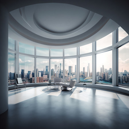 Empty loft unfurnished contemporary interior office with city skyline and buildings city from glassの素材