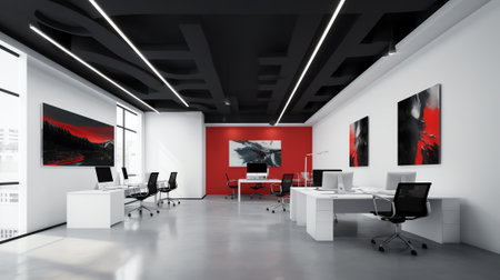 Side view of white and black open space office interior with rows of computer tables with desktops sの素材