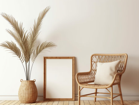 Stylish interior design of living room with wooden retro commode, chair, tropical plant in rattan poの素材