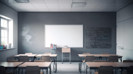 Modern classroom interior with empty chalkboard and wooden floor. Education and school concept. Mockの素材