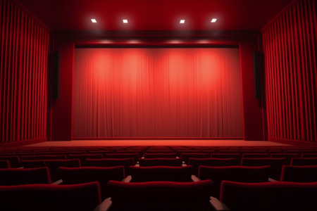 Empty cinema auditorium with line of red chairs, stage and projection screen. Ready for adding yourの素材