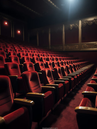Close up shot of interior of cinema auditorium with lines of red chairs in front of a big screen. Hoの素材