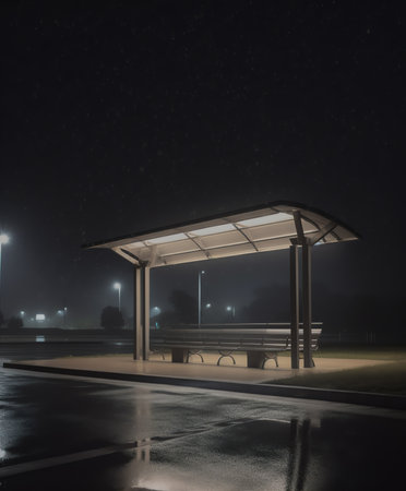 Empty bus stop complex on a rainy dayの素材