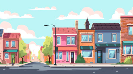 City street with houses, road with pedestrian crosswalk, cars and bus stop. Vector cartoon backgrounの素材