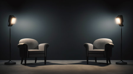 Two cozy grey armchairs standing on white carpet in empty roomの素材