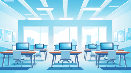 Interior of modern classroom of school, college or university. Empty room with whiteboard and chartsの素材