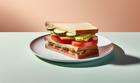 Peanut butter sandwich on colorful children's plate with empty chairの素材
