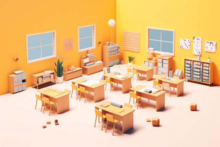 Geometry classroom interior, school class room with teacher table, student desks, blackboard with geの素材
