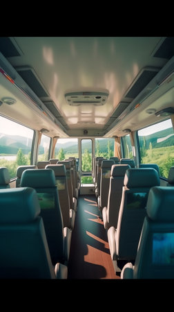 Interior design of a modern bus. Empty bus interior. Public transport in the city. Passenger transpoの素材