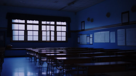 Japanese high school classrooms, 2D Illustration - at Night Time.の素材