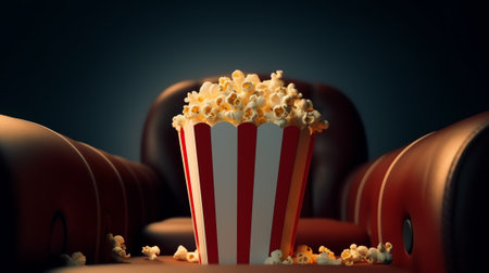 Cinema concept - Front view of red cinema chair with cup drink and box of popcorn on white backgrounの素材