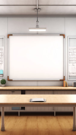 Classroom school.Interior of clean spacious classroom ready for new school year. Empty room with whiの素材