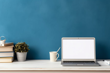 Office workplace interior with laptop, notebook, mouse, notebook, phone, pen, flower in a pot on theの素材