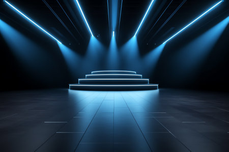 Online event entertainment concept. Background for online concert. Blue stage spotlights. Empty stagの素材