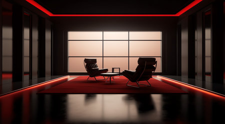 3d illustration of a single empty red chair under a spotlight in an otherwise dark room or on a stagの素材