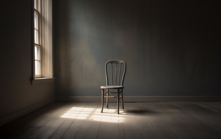 Vintage old wooden chair in grungy interior. Loneliness, estrangement, alienation concept. Toned imaの素材
