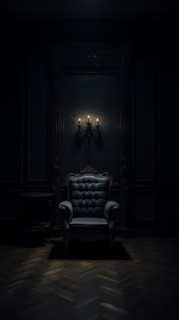 A black chair on dark background, low key and wide shot.の素材