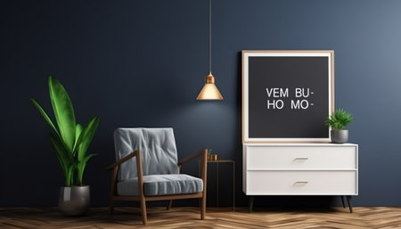 Commode with chair and decor in living room interior, dark blue wall mock up background, 3D renderの素材