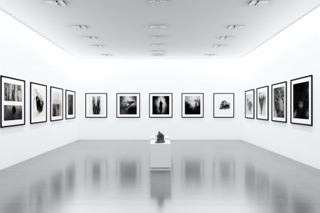 Gallery interior empty frames on wall. Art gallery empty interior, room with white walls, floor andの素材
