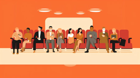 Cinema with audience watching movie on empty blank white screen mockup. Back view of film viewers, sの素材