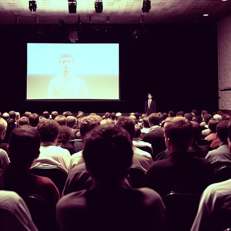 Crowd audience in dark looking at bright screenの素材