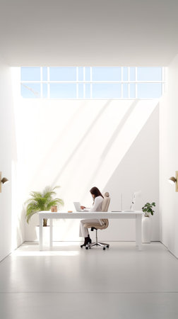 A white room with a shade from the sun through the window and one high bar stool. The style is minimの素材