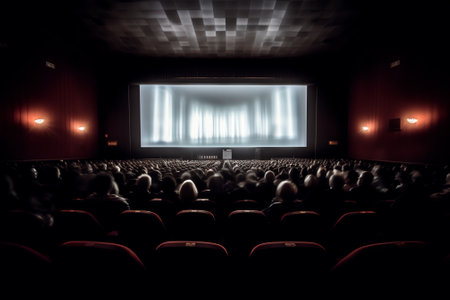Empty movie theater with projection light falling into the lensの素材