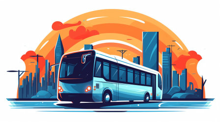 Rural landscape with road, bus stop and moving bus. Flat style vector illustration.の素材