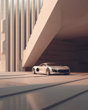 3D rendering of a brand-less generic concept car in a futuristic interiorの素材