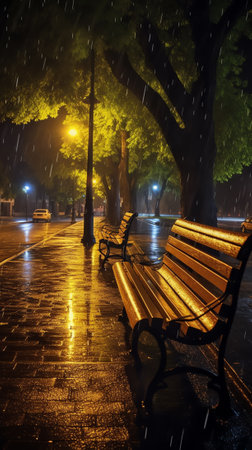 Modern wooden benches standing on the sides of the paved paths of the city park on a rainy day.の素材
