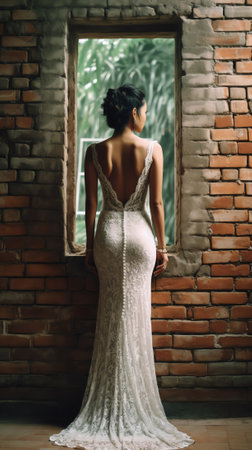 Wedding dress hanging in a brick alcoveの素材